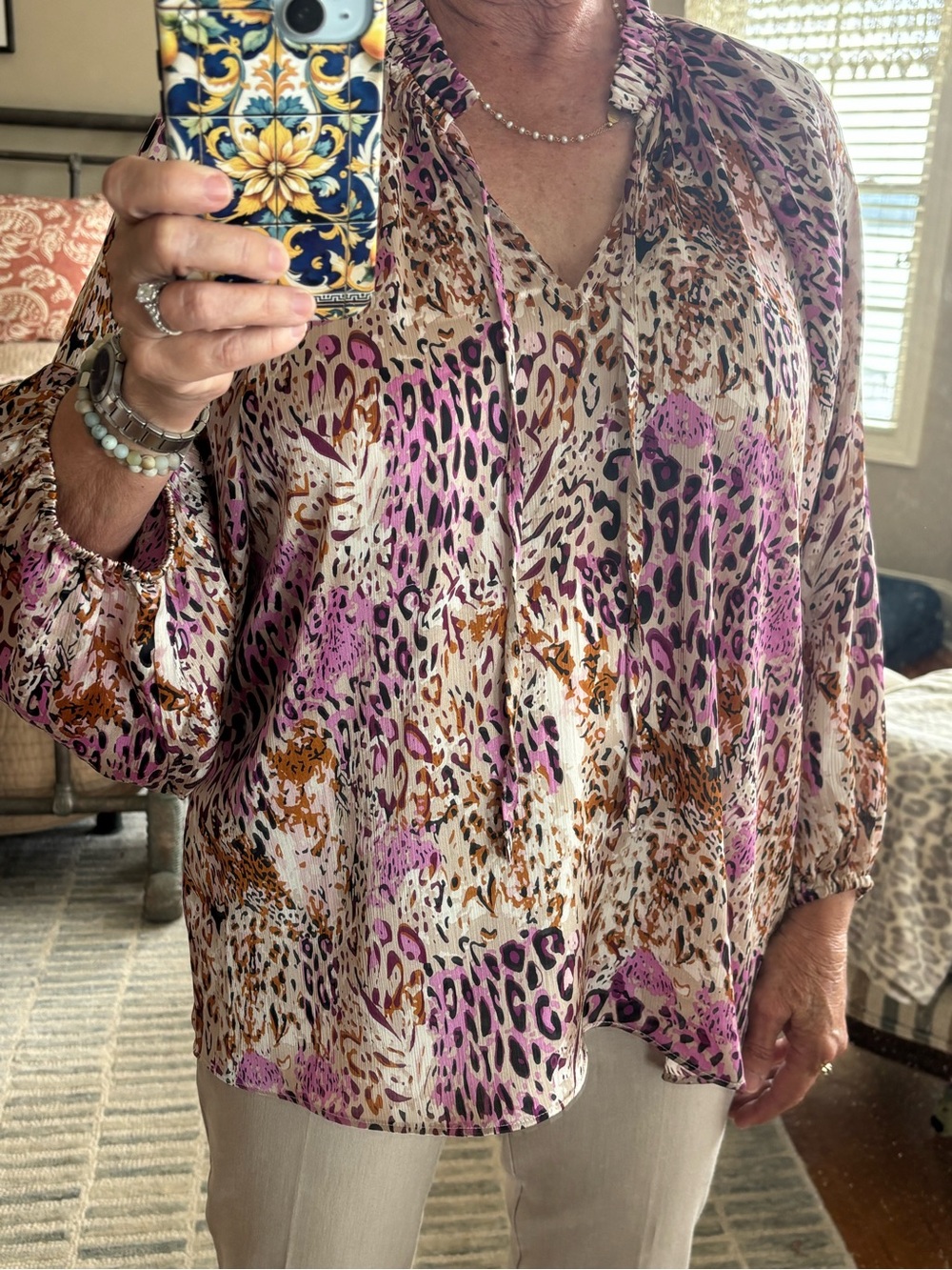 eesome Pink and Tan Animal Print Peasant Blouse